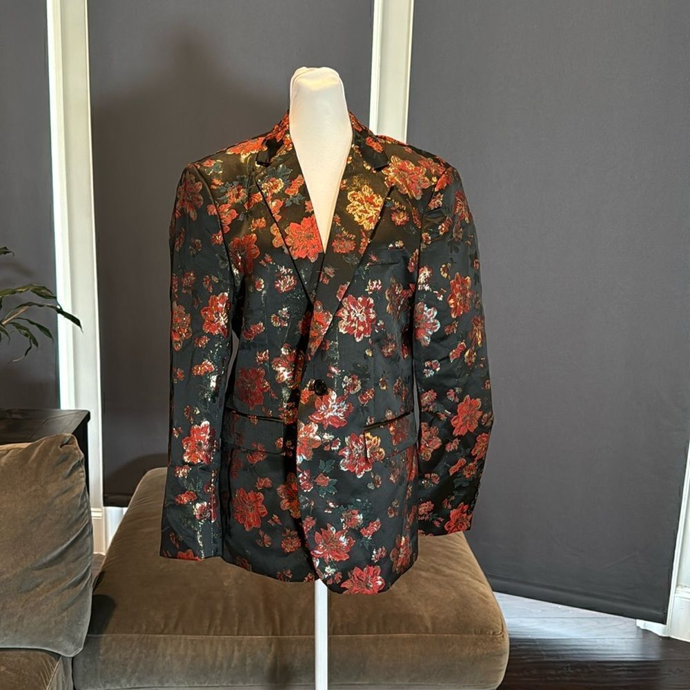 Men’s Floral One Button Slim Fit Tuxedo Suit Jacket Blazer Size S NWOT